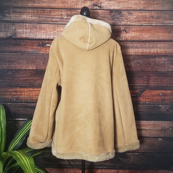 Mulberry Street Hooded Coat XL Faux Suede Faux Fur Lined Zip Vintage Camel Tan - Picture 4 of 9